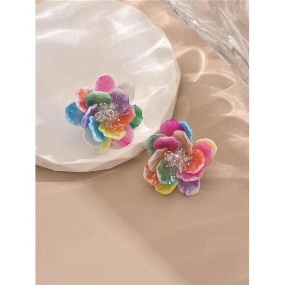 Multicolor Hibiscus Flower Earrings | Layered Acrylic Petal Statement Dangles - Picture 4 of 5